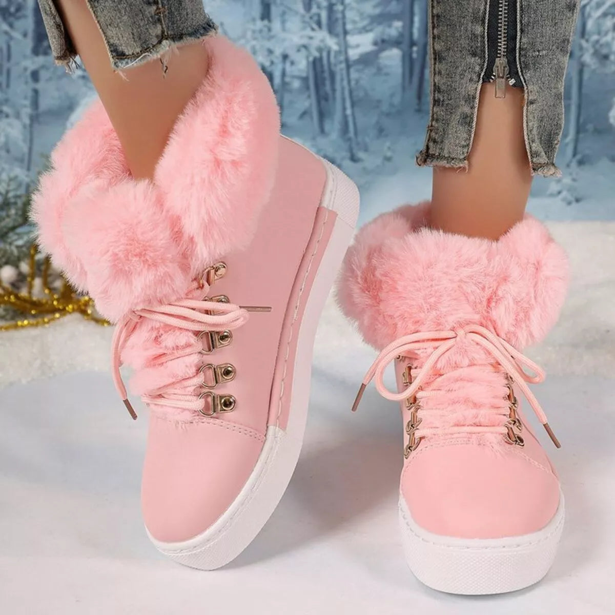 Fuzzy Trim Lace Up Ankle Boots front view