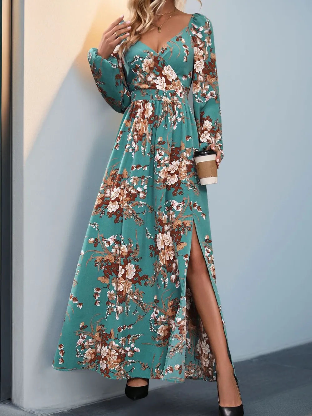 Surplice maxi dress side view showing drape