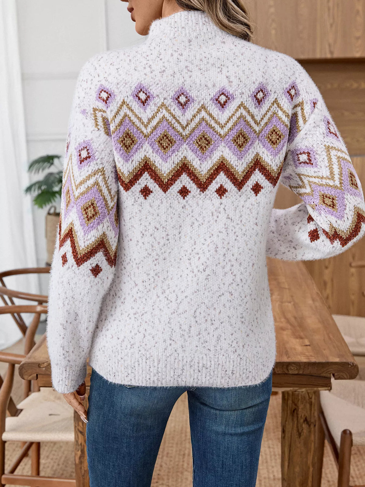 White geometric mock neck long sleeve sweater geometric knit texture