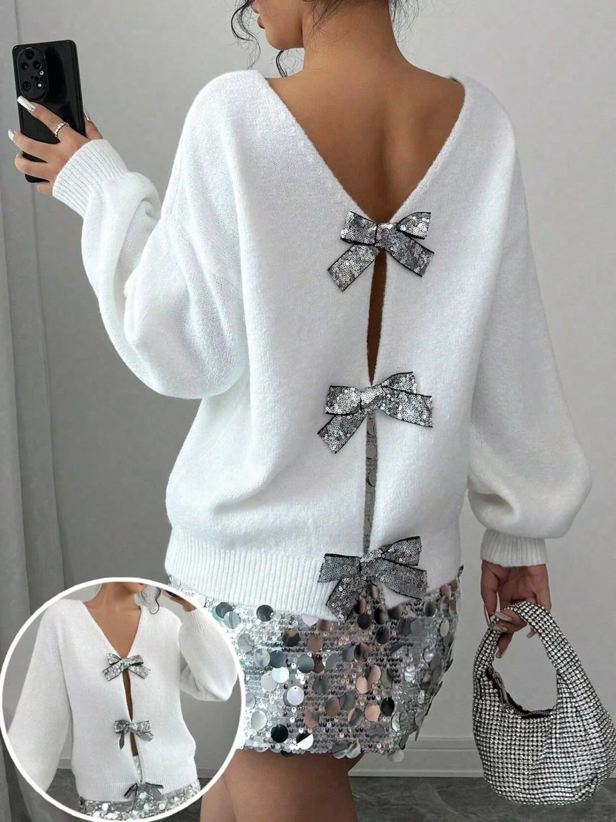 Bow accent cardigan white tone