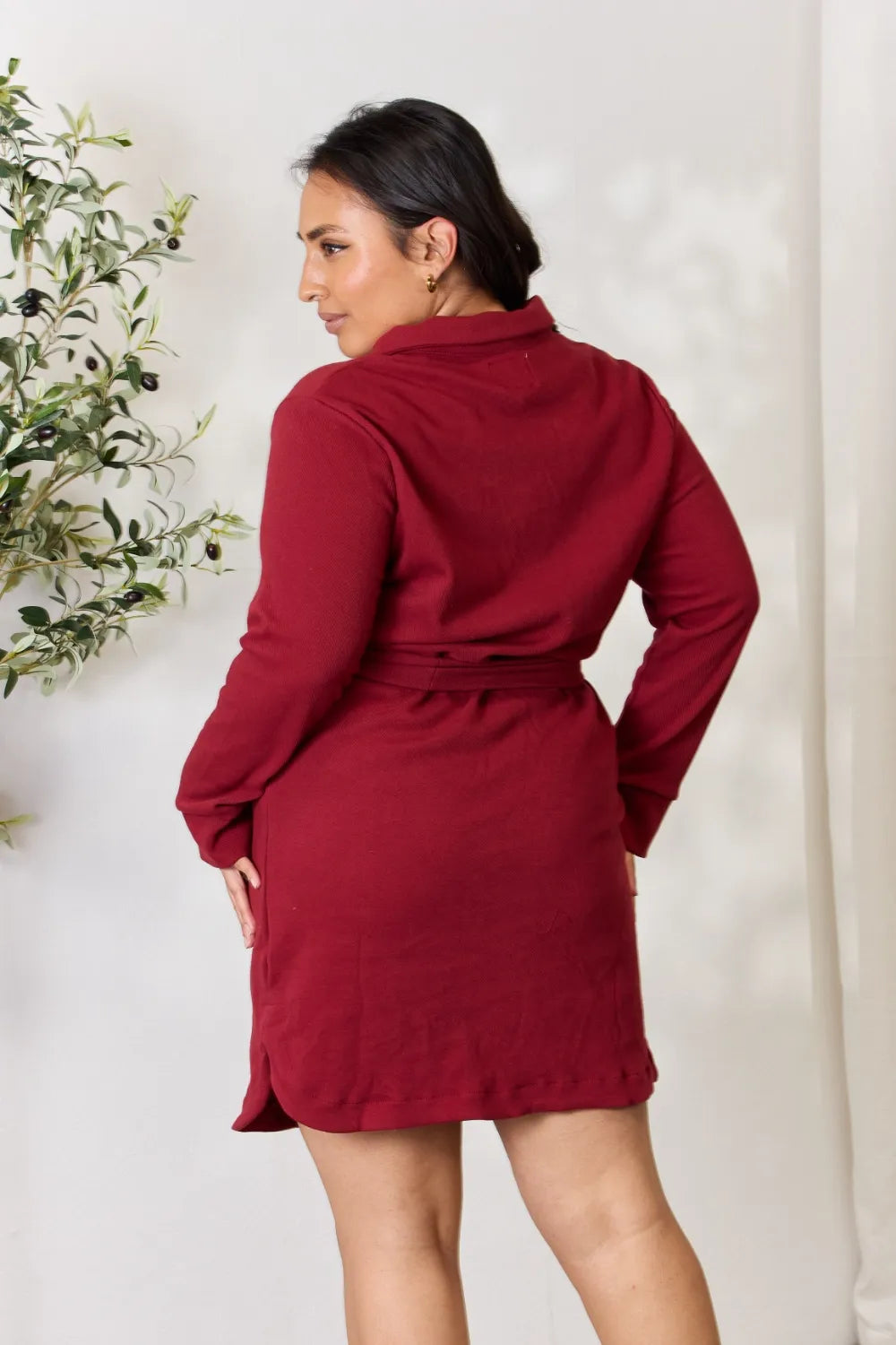Tie Front Half Zip Long Sleeve Shirt Dress back view