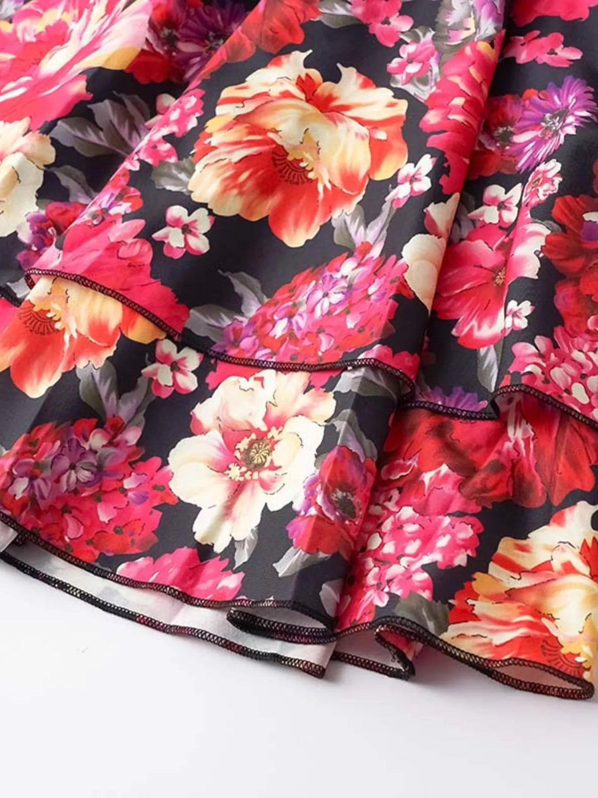 Floral print tiered ruffle hem mini dress front view