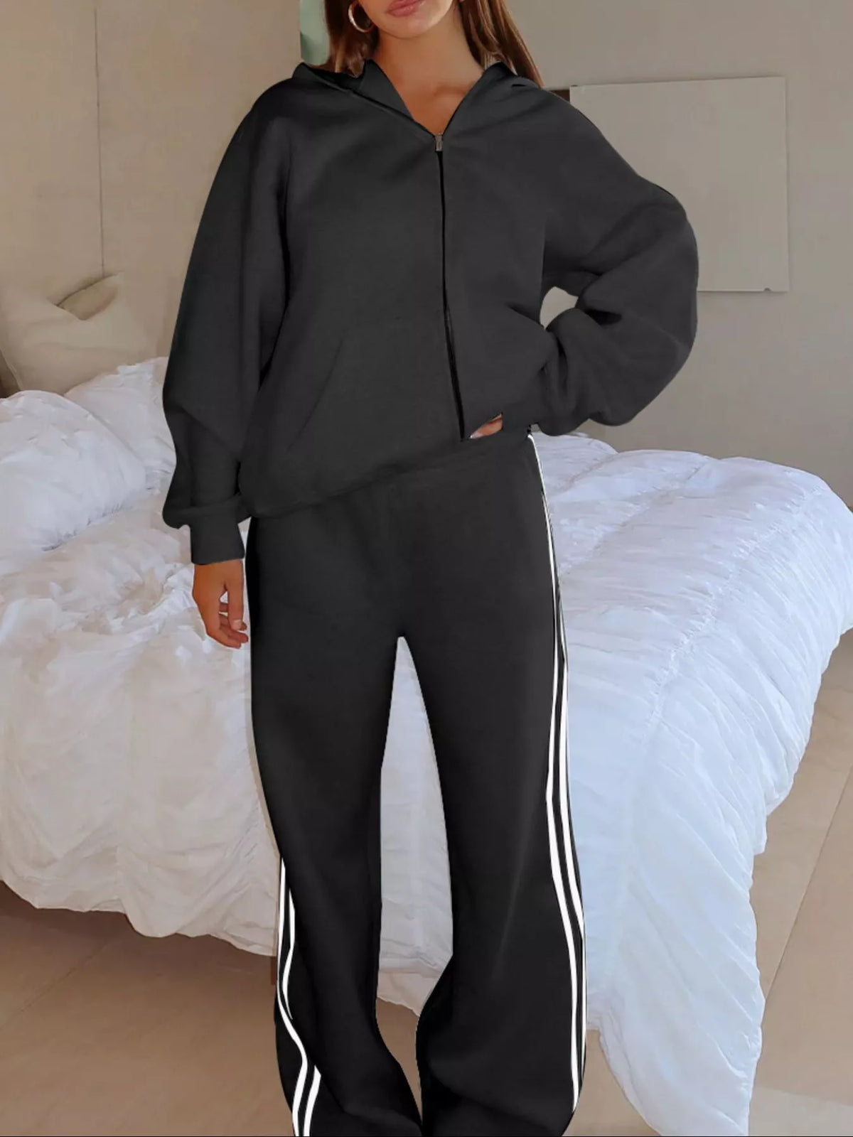 Zip up hoodie and striped pants set front view