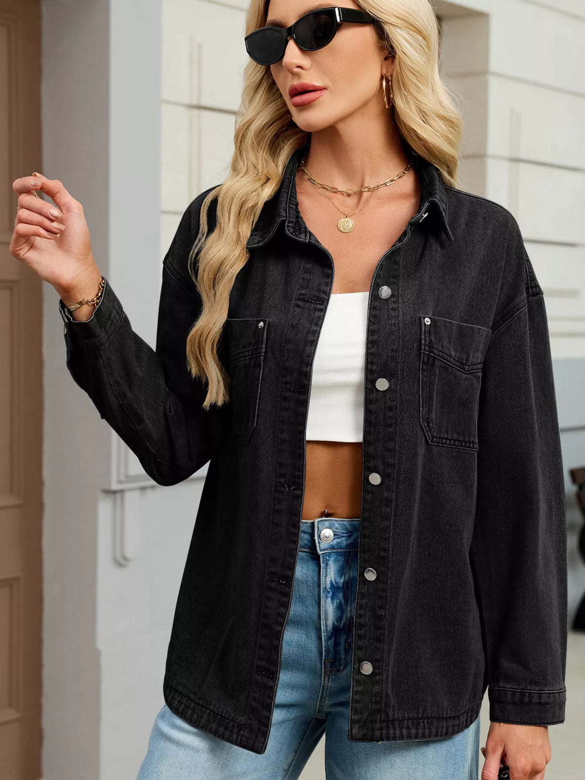 Drop Shoulder Button Up Denim Jacket in Black back view