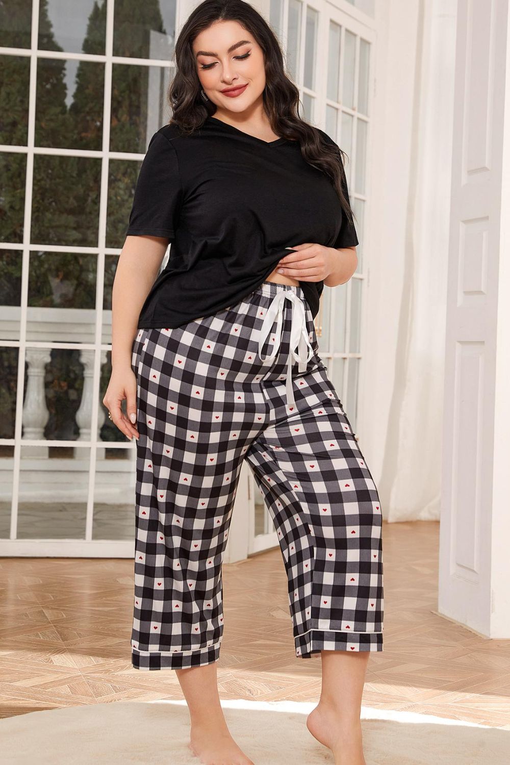 V-Neck Tee and Plaid Cropped Pants Lounge Set - Fashorio