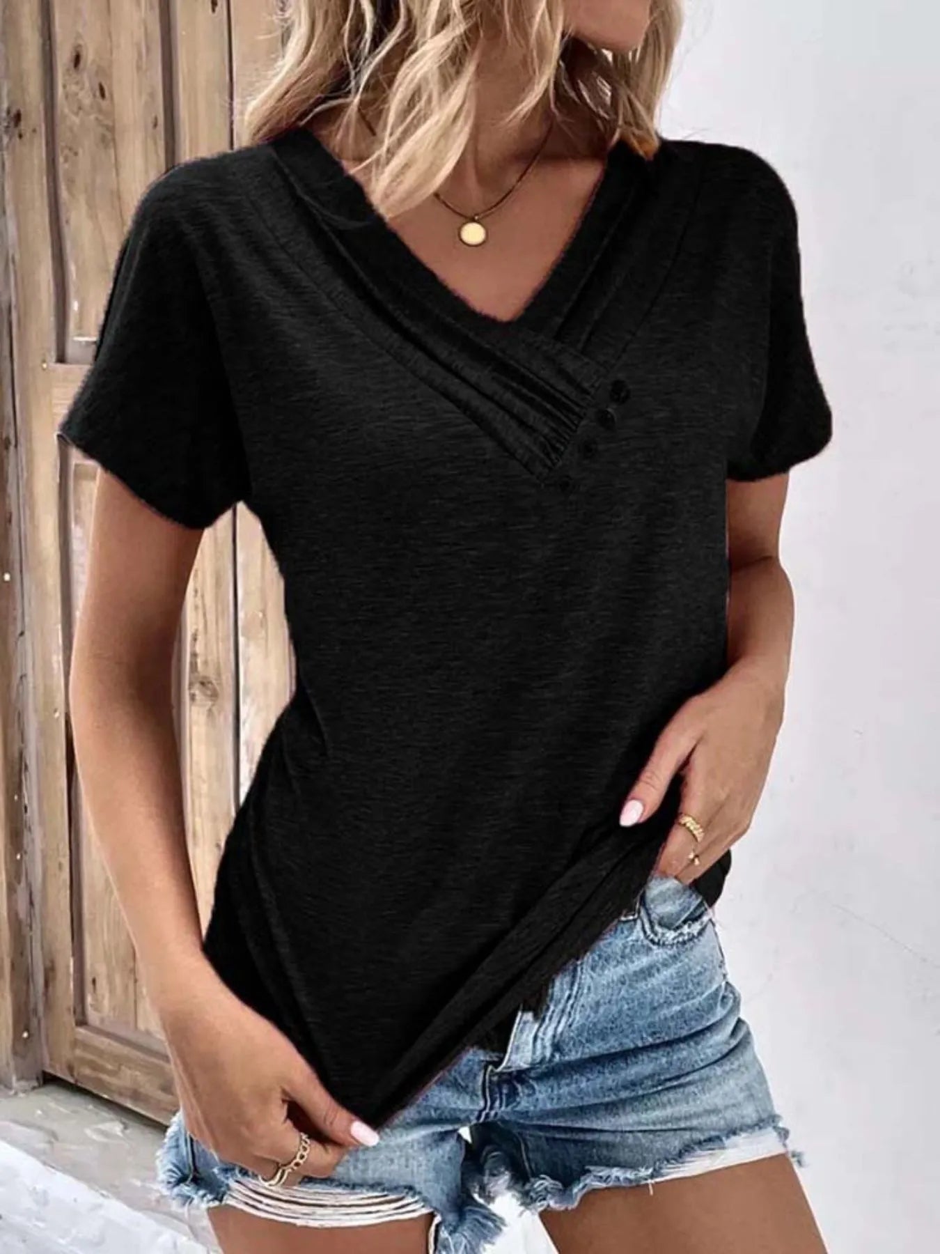 Decor Button Short Sleeve T-Shirt - Fashorio