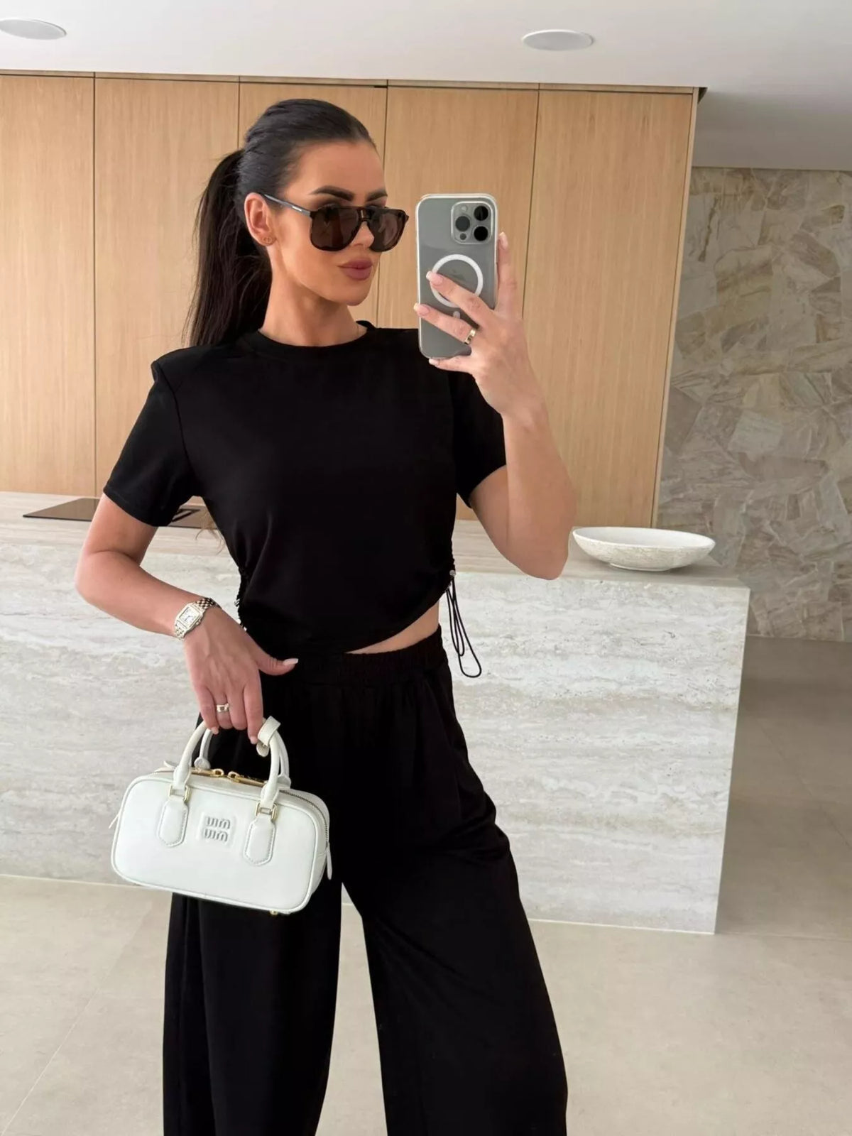 Drawstring Crop Top and Wide Leg Pants Set, view 7