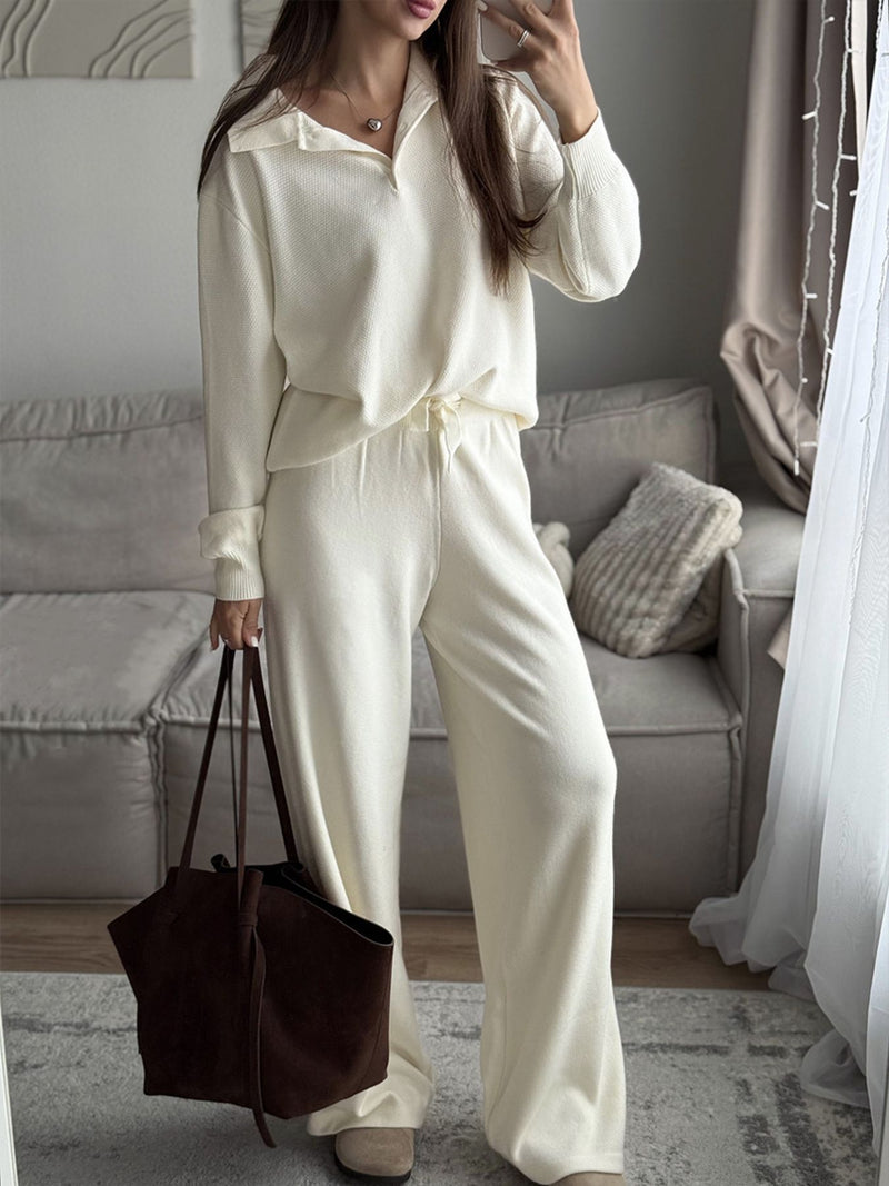 Polo collar top and pants knit set white front view