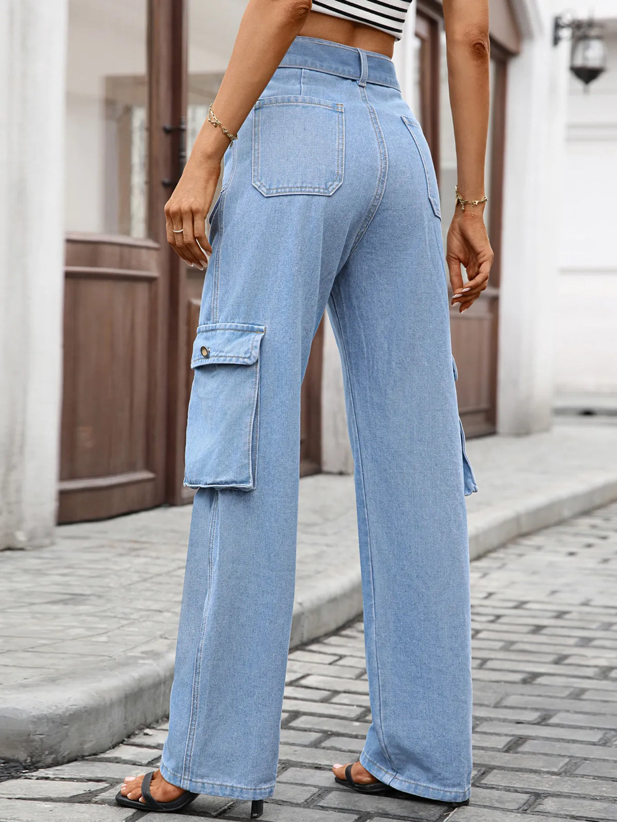 Womens multi pocket cargo denim back view