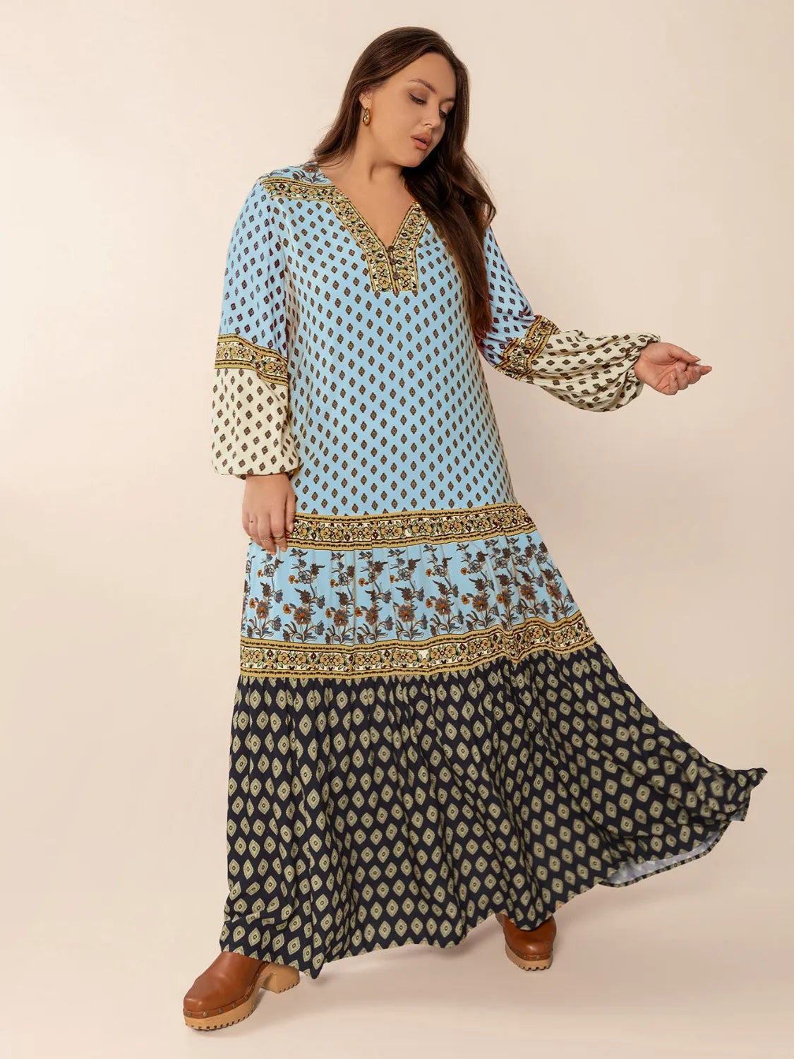 Plus size V neck balloon sleeve maxi dress in sky blue back view