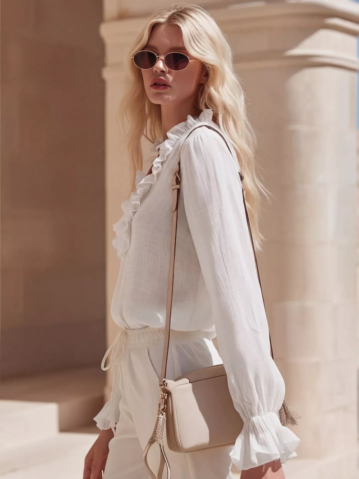 Ruffled V neck long sleeve blouse styled outfit view