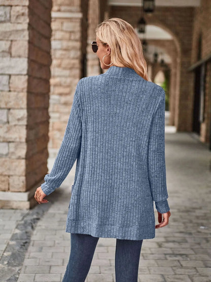 Ribbed Open Front Long Cardigan with Pockets - Fashorio
