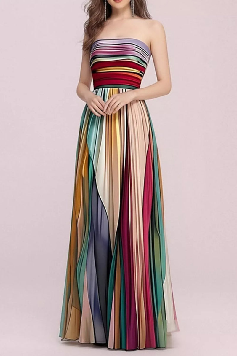Multicolor striped pleated strapless maxi dress front view