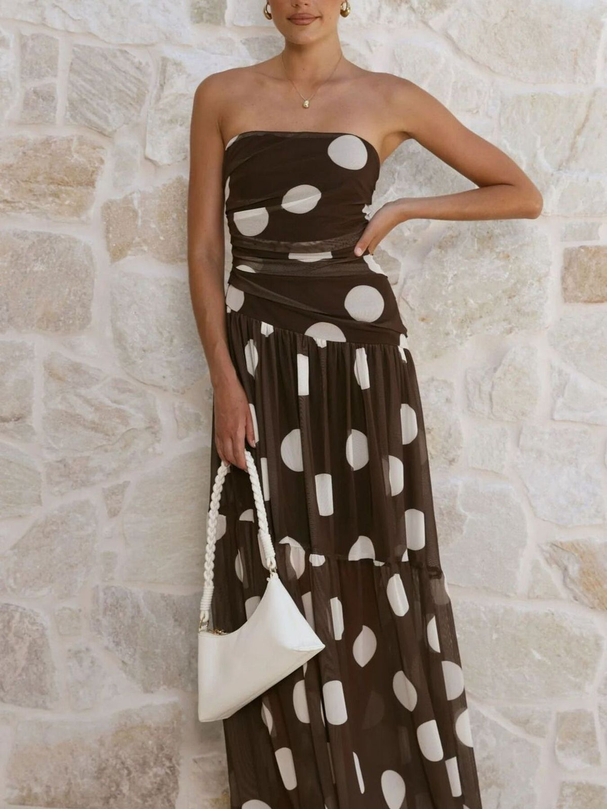 Polka dot strapless ruched maxi dress, hemline detail