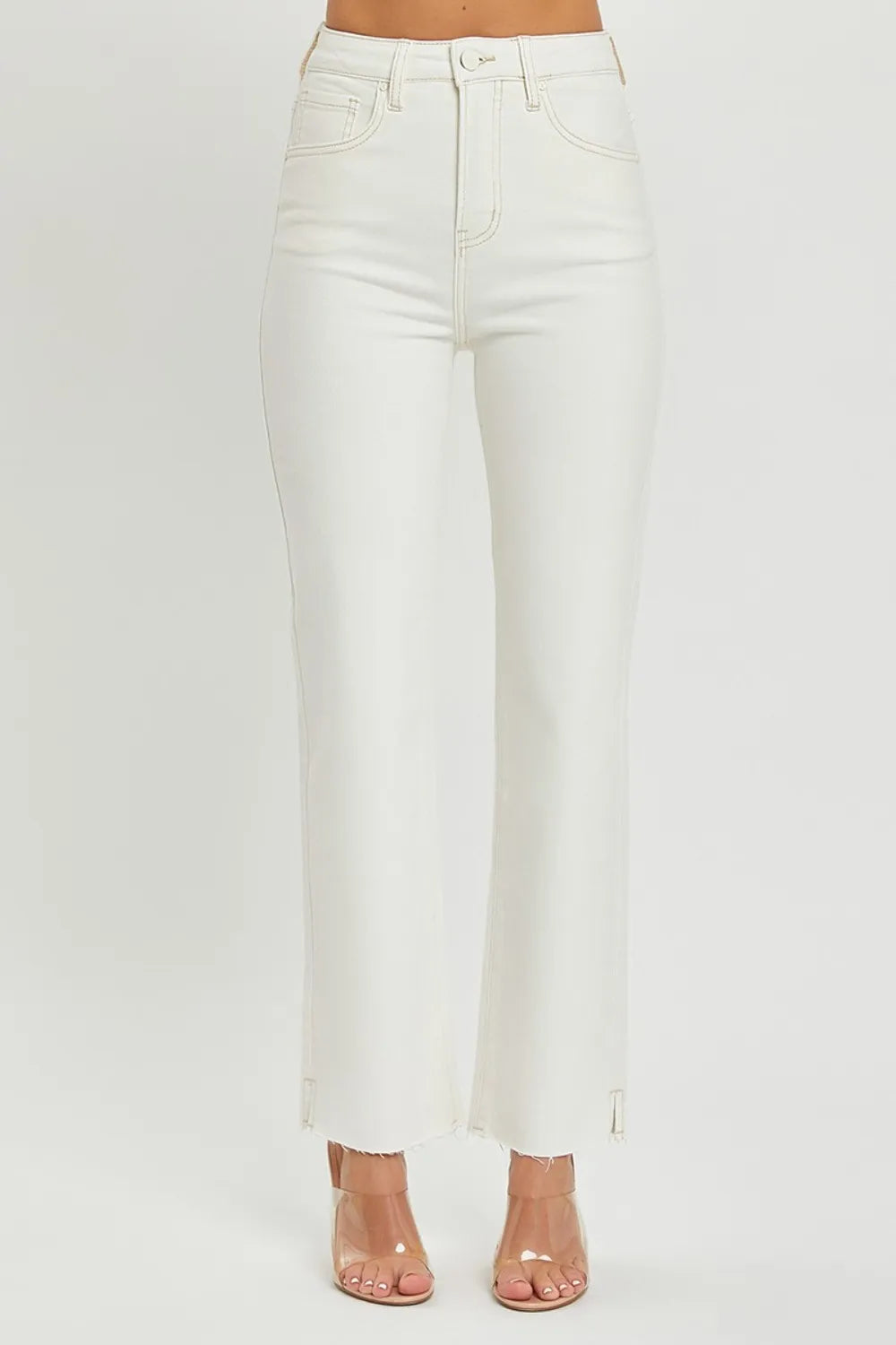 RISEN High Rise Tummy Control Straight Jeans – Raw Hem Denim Cream - Fashorio