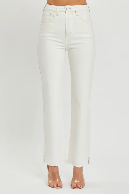 RISEN High Rise Tummy Control Straight Jeans – Raw Hem Denim Cream - Fashorio