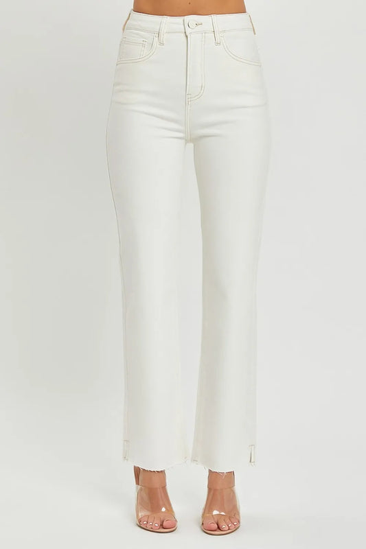 RISEN High Rise Tummy Control Straight Jeans – Raw Hem Denim Cream - Fashorio