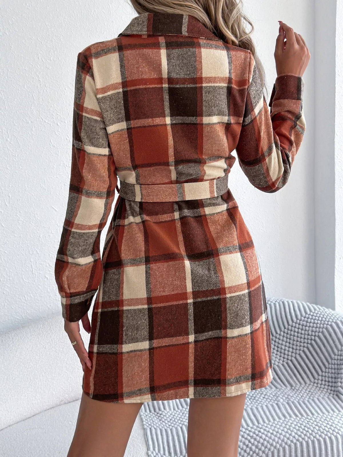 Plaid Tie Waist Shirt Dress in Green view 13