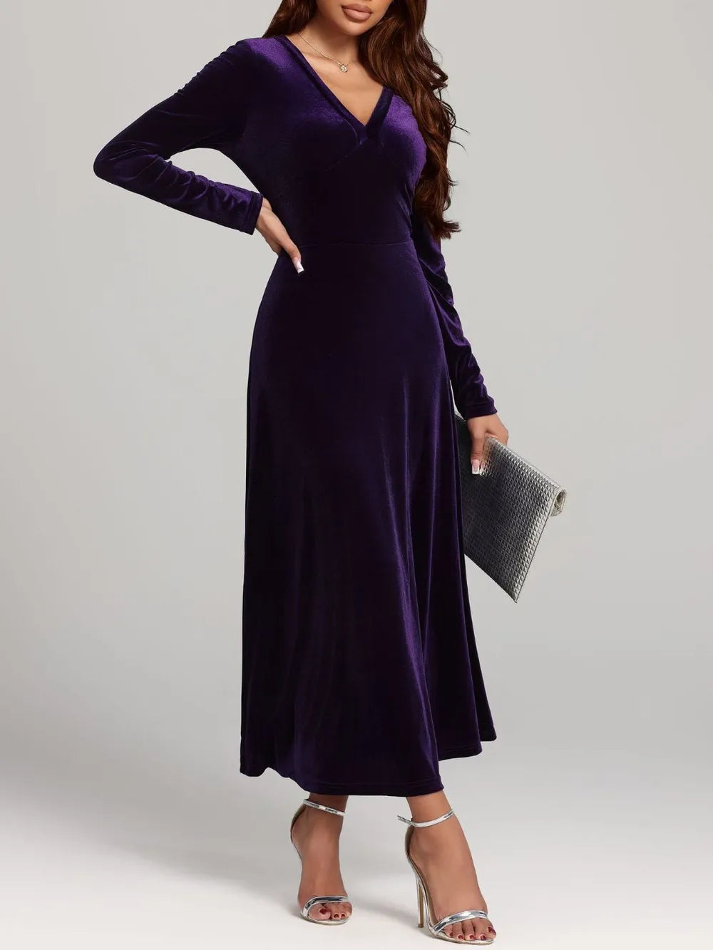 violet violet V neck long sleeve velvet dress styled look