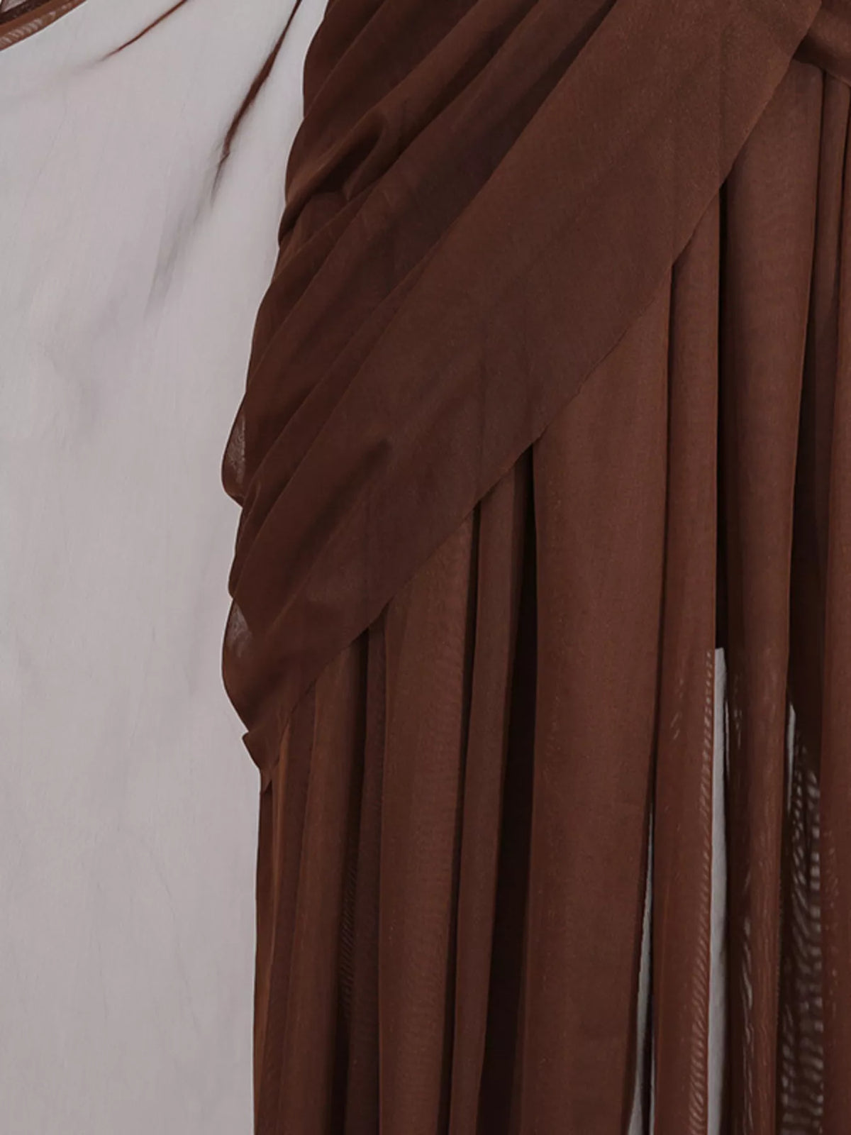 Coffee brown one shoulder flowy mesh midi dress, close up view