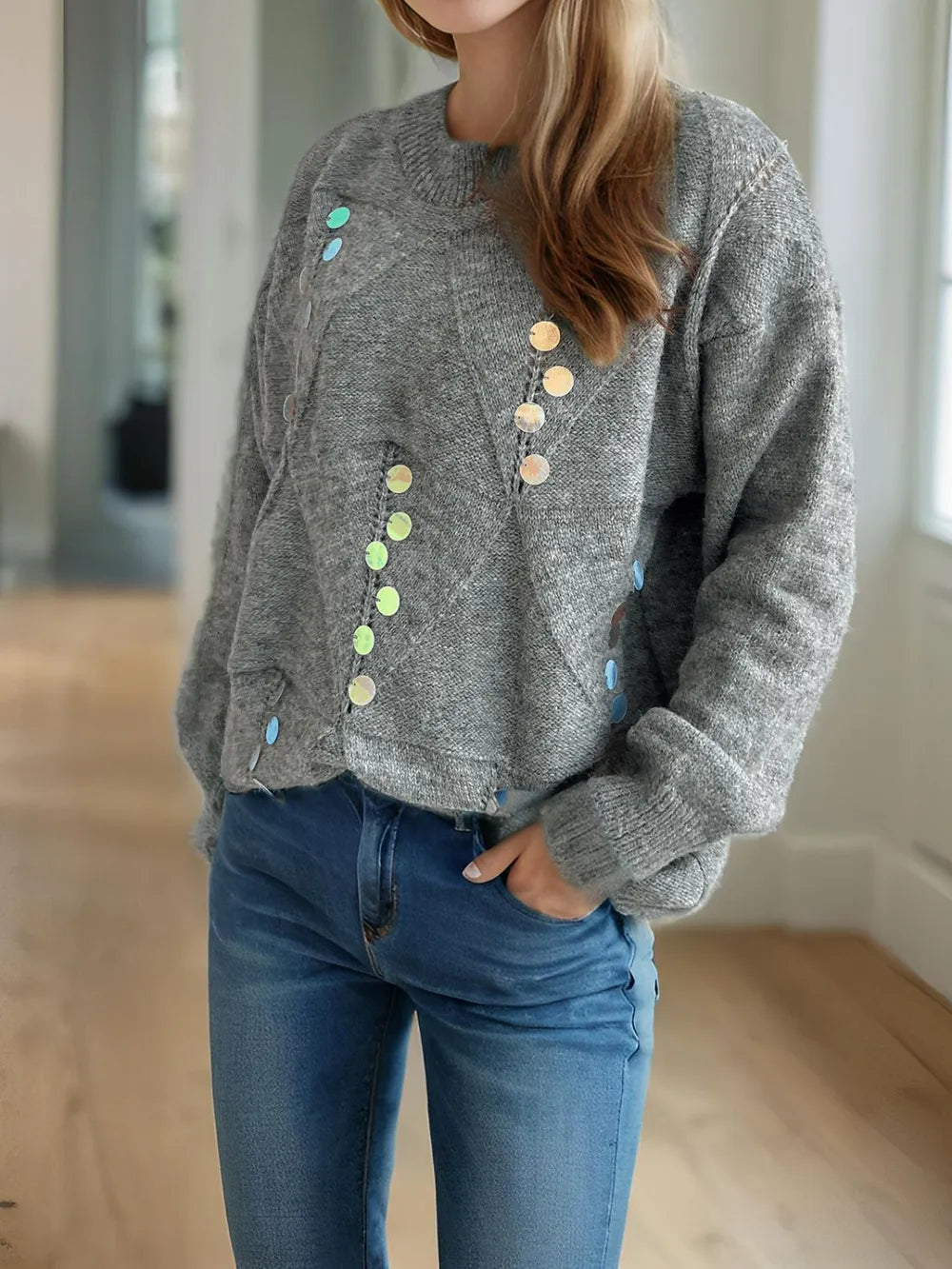 Sequin Mock Neck Long Sleeve Sweater detail