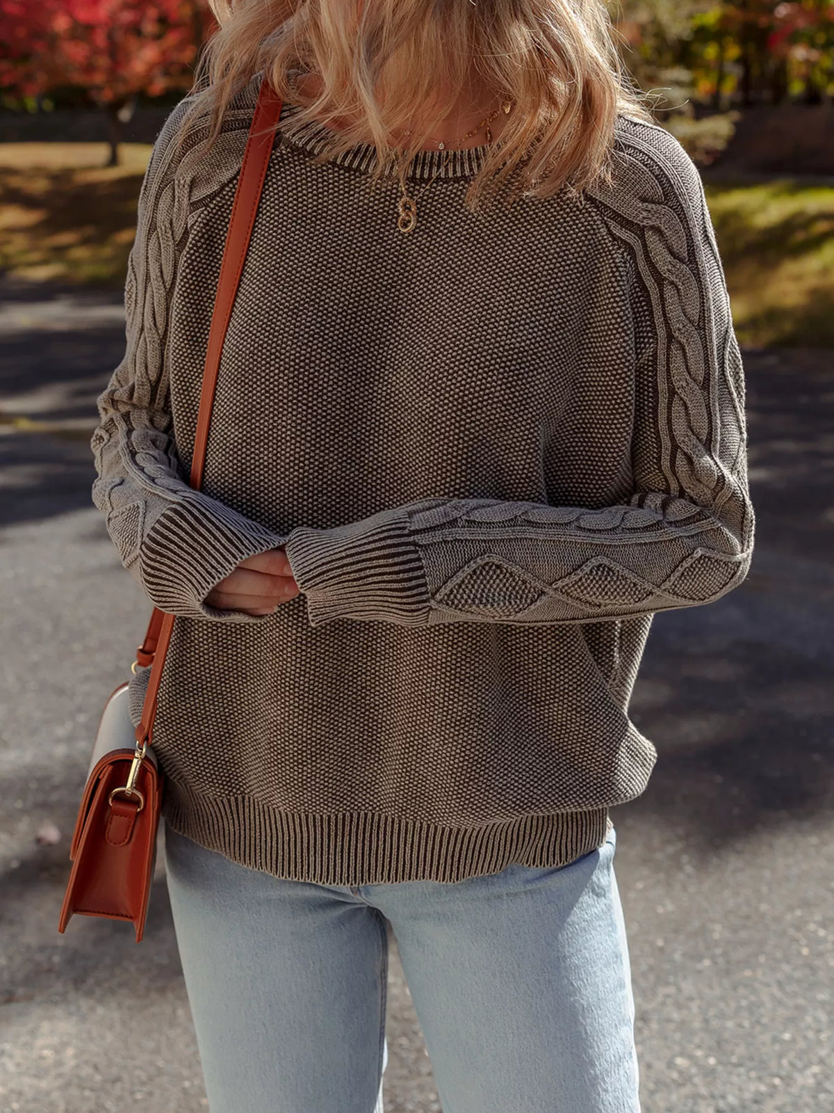 contrast cable knit sleeve sweater brown outfit styling