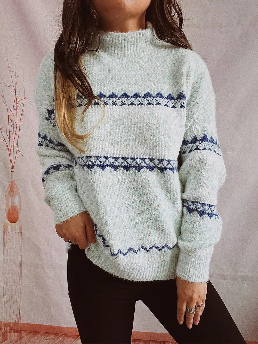 Geometric Mock Neck Dropped Shoulder Sweater Misty Blue - Fashorio