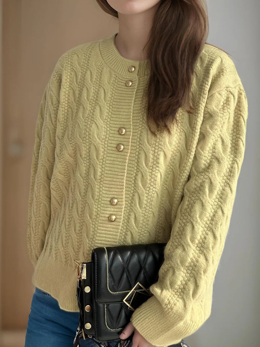 Cable-Knit Round Neck Long Sleeve Cardigan - Fashorio