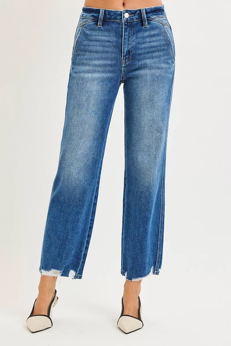 RISEN dark wash ankle straight jeans front view