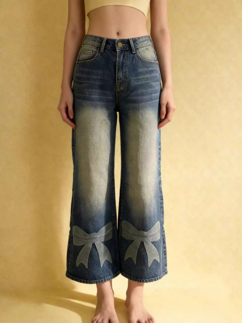 Bow detail wide leg jeans front view