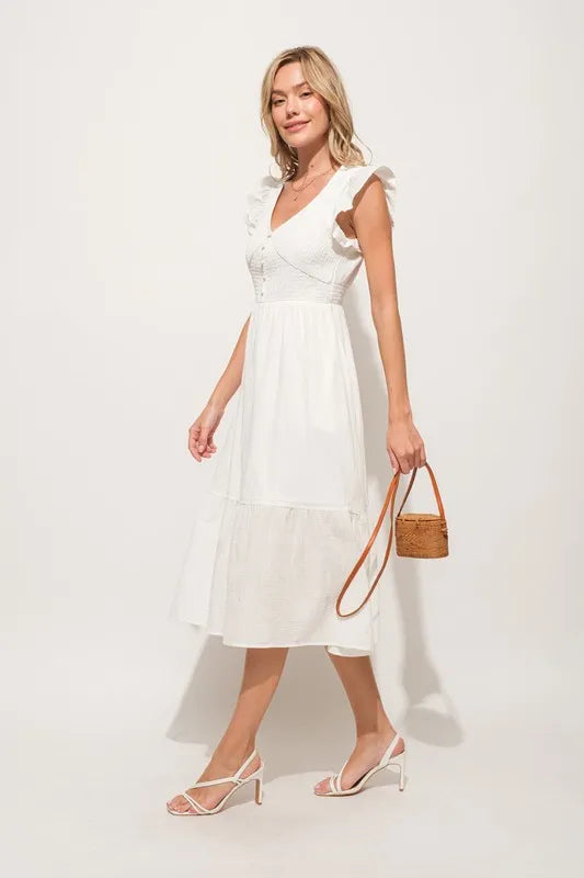 Ruffle Sleeve Front Smocked Tiered Midi Dress on model