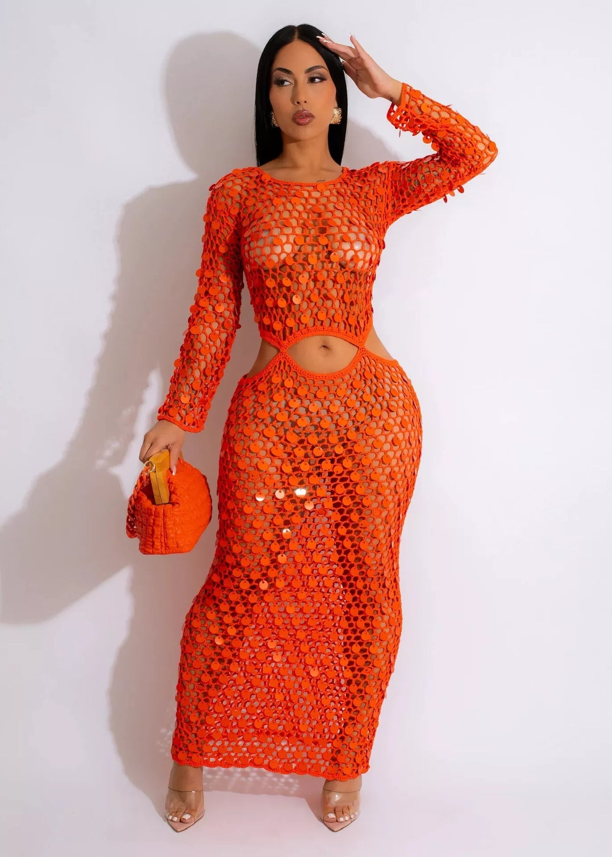 Sequin mesh cutout maxi dress detail view