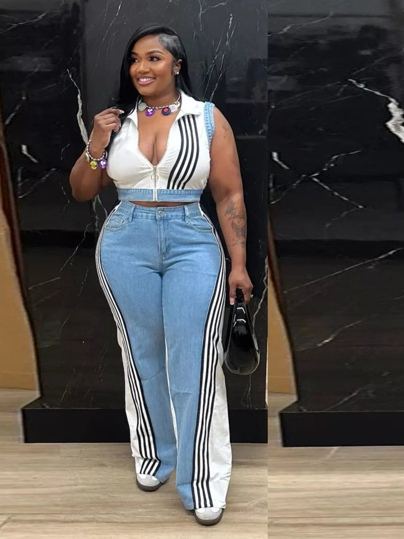 Zip front crop top and striped pants set front view