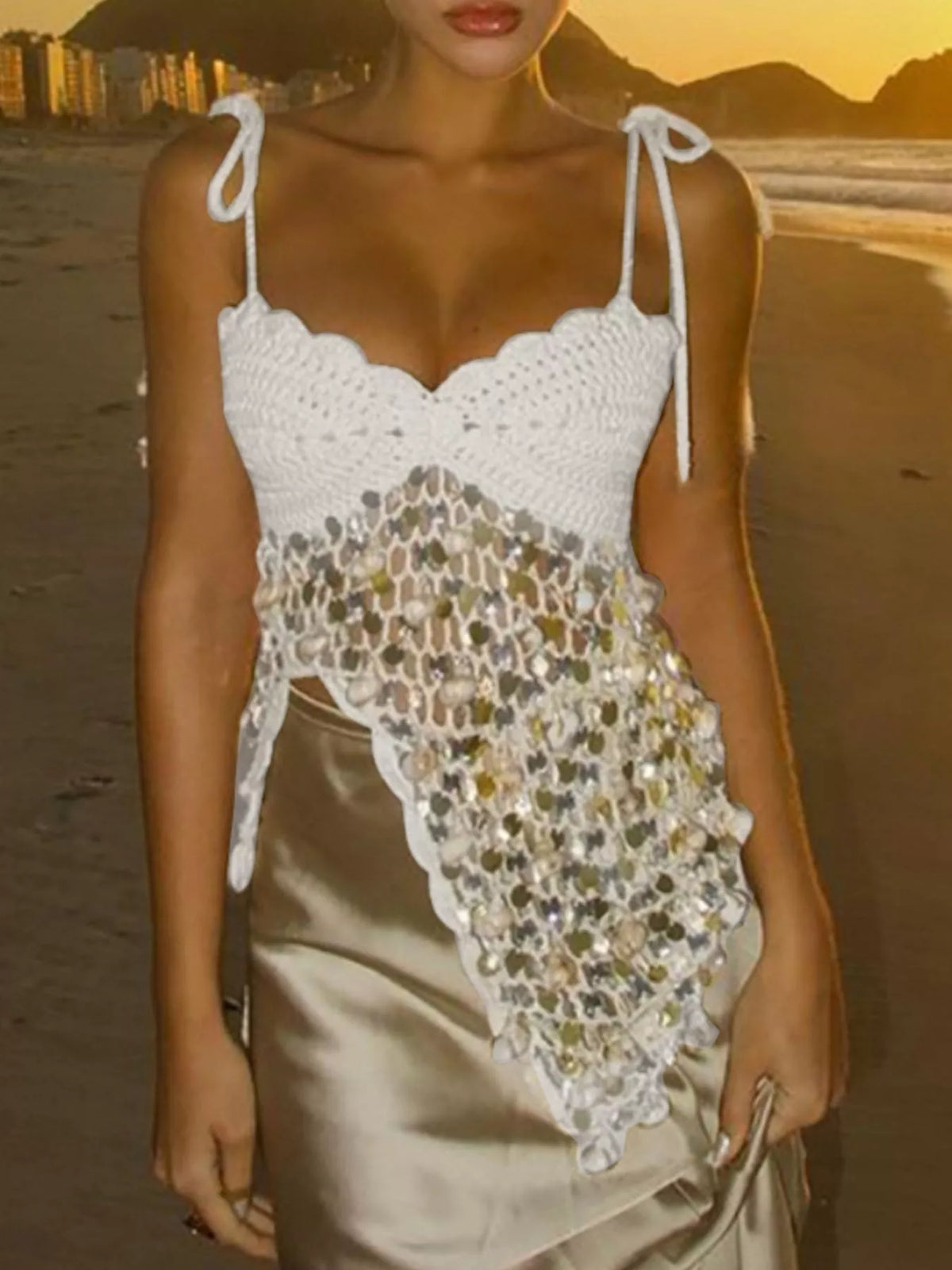 Tie strap detail on crochet knit cami