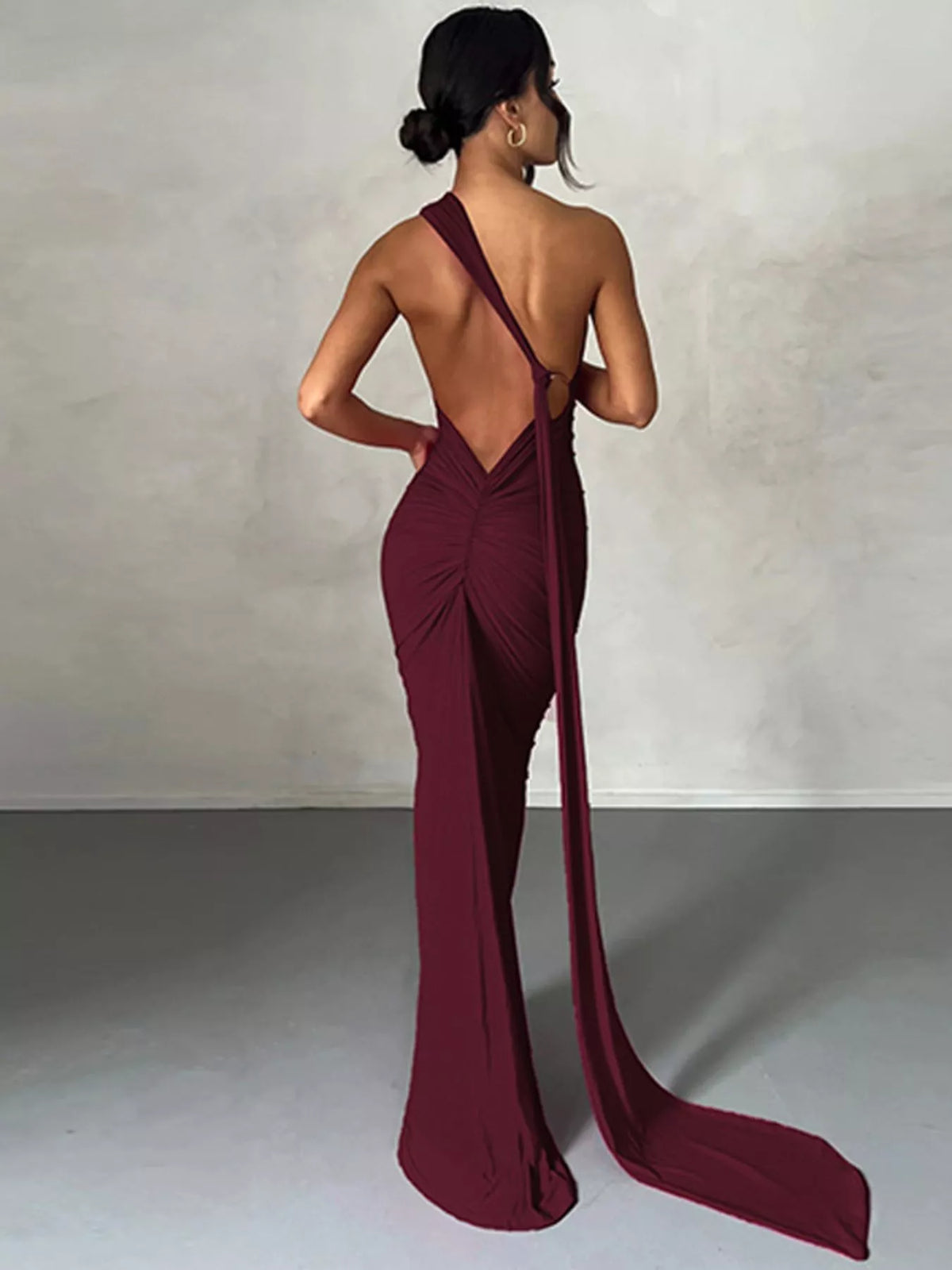 One Shoulder Ruched Bodycon Maxi Dress side view