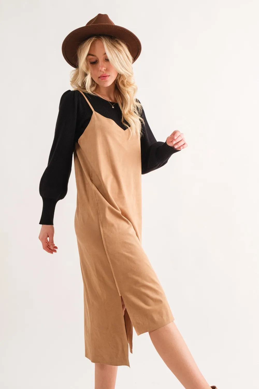 Faux Suede Cut Edge Slit Cami Midi Dress back view