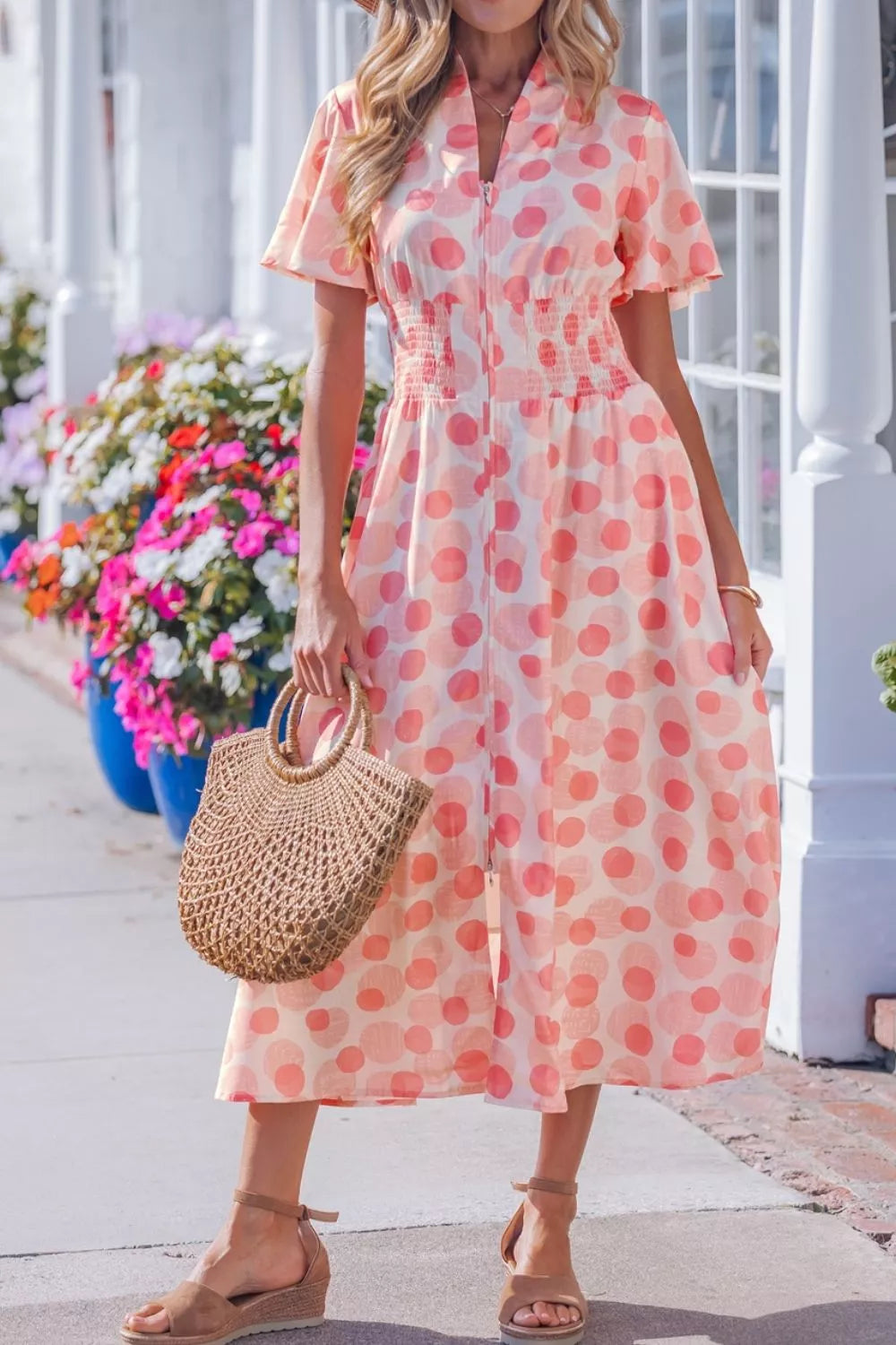 Polka dot puff sleeve midi dress, side view