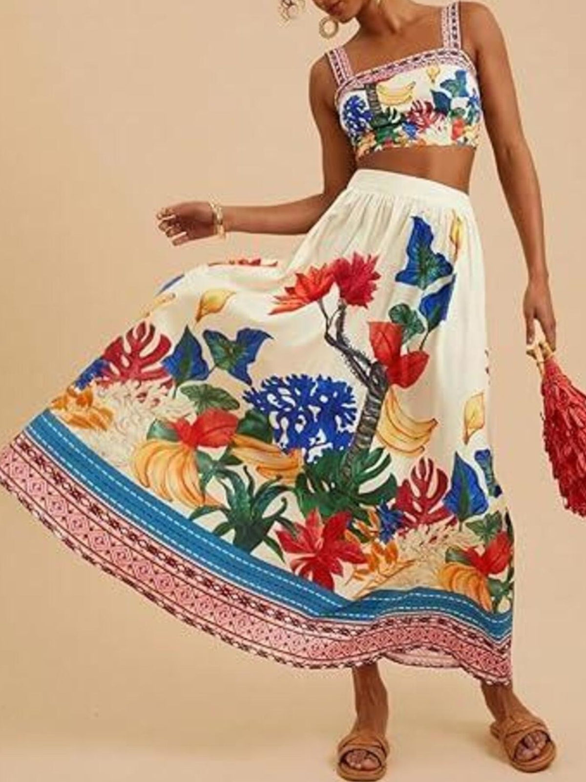 Floral print crop top and skirt set overview