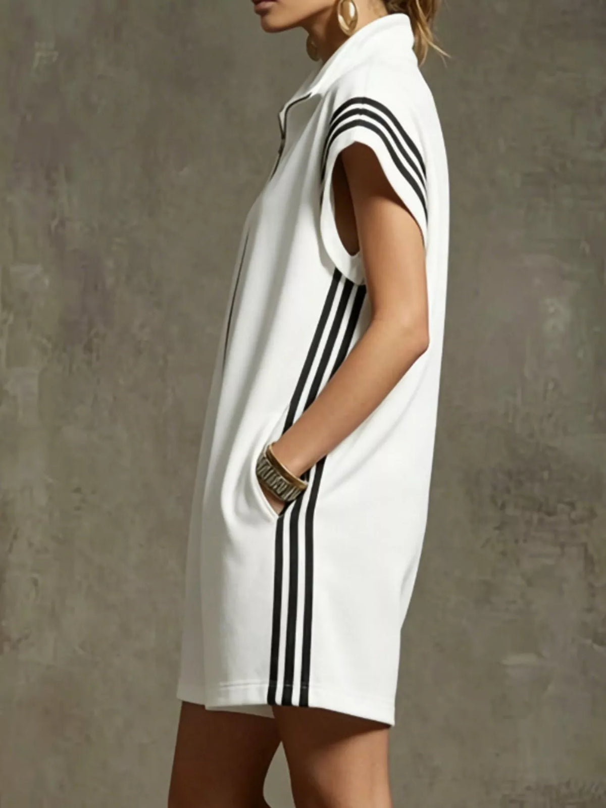 Striped zip front short sleeve romper detail view