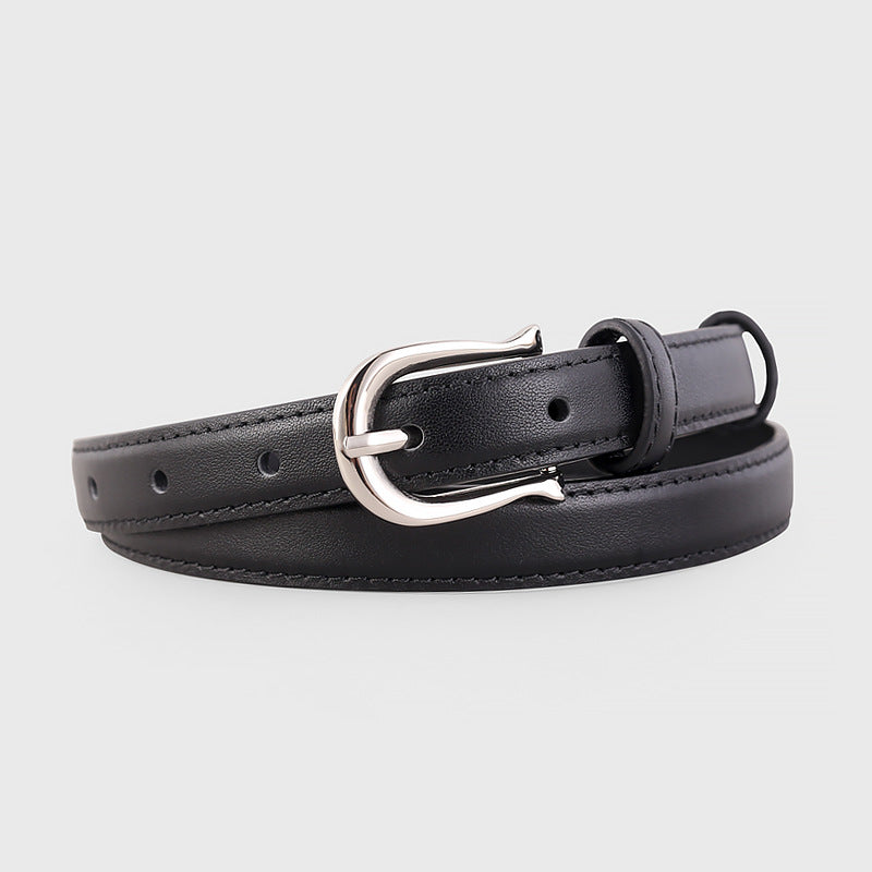 Leather skinny belt with silver buckle front view