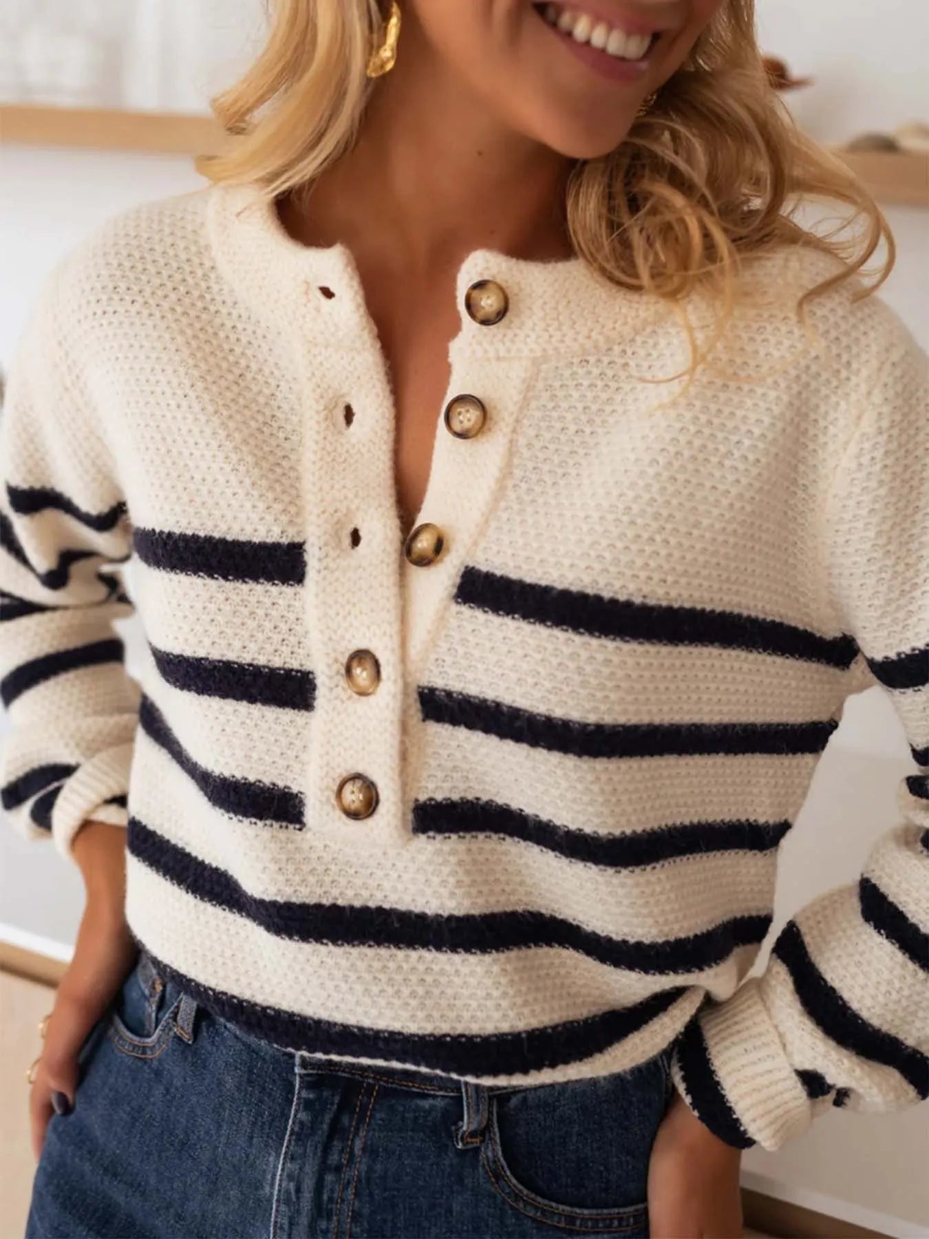 Striped Button-Front Sweater - Fashorio