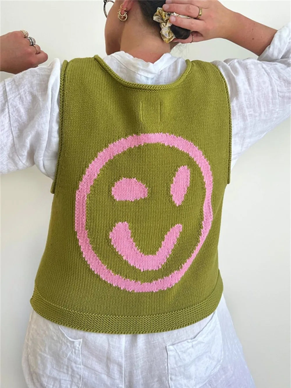 Smiley Face Round Neck Sweater Vest in Mustard view 15