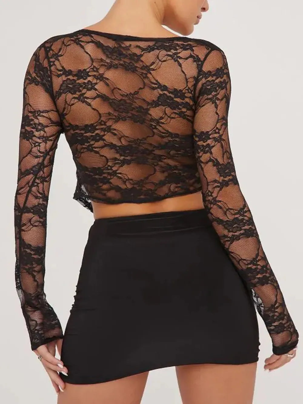 Black lace crop top tie front detail close up
