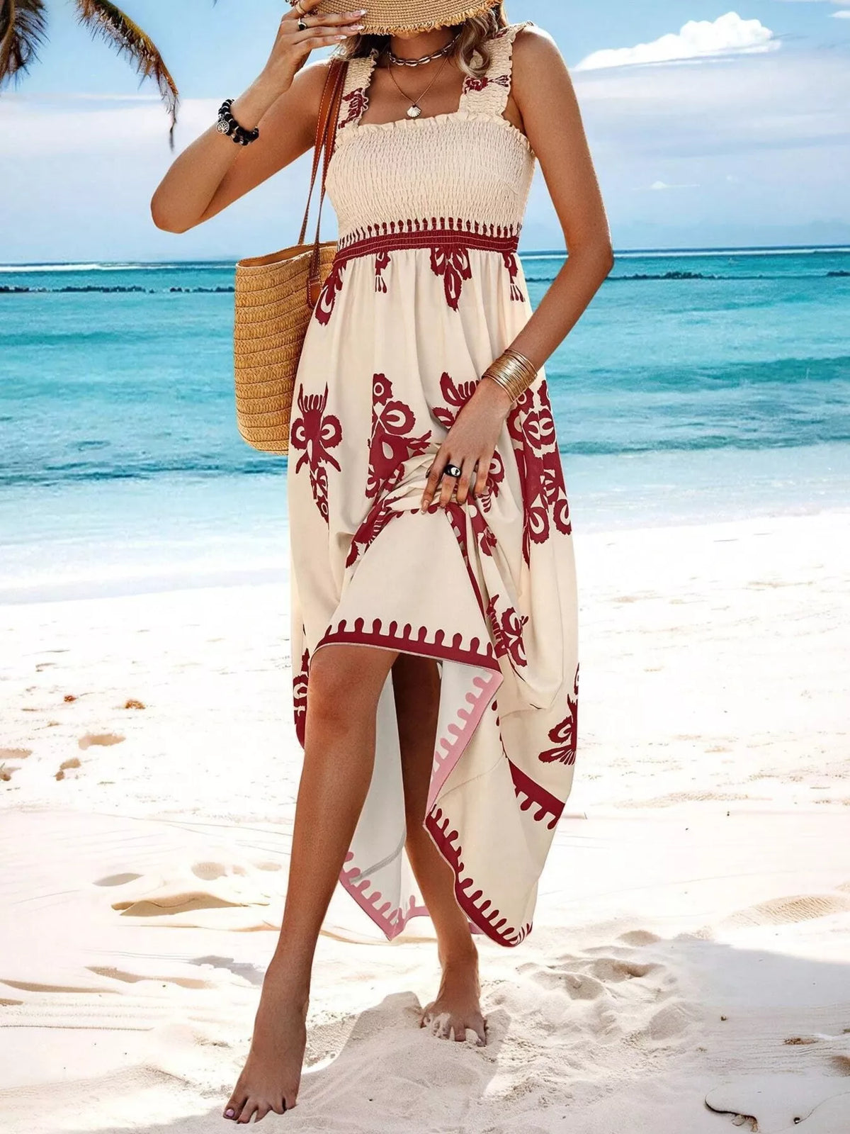 printed square neck smocked maxi dress front view