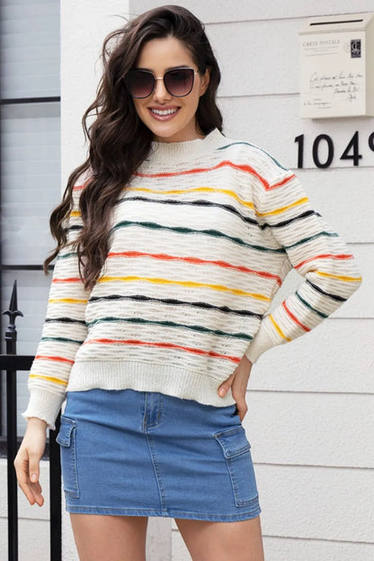 Striped Round Neck Long Sleeve Sweater Floral - Fashorio
