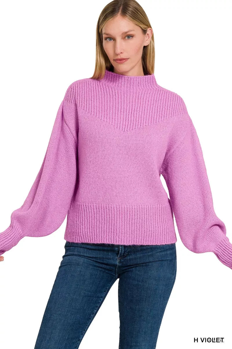 Balloon Sleeve Mock Neck Sweater in Mauve back view