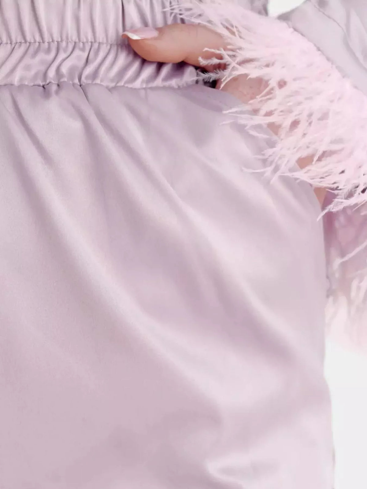 Silky button up top and pants outfit full length
