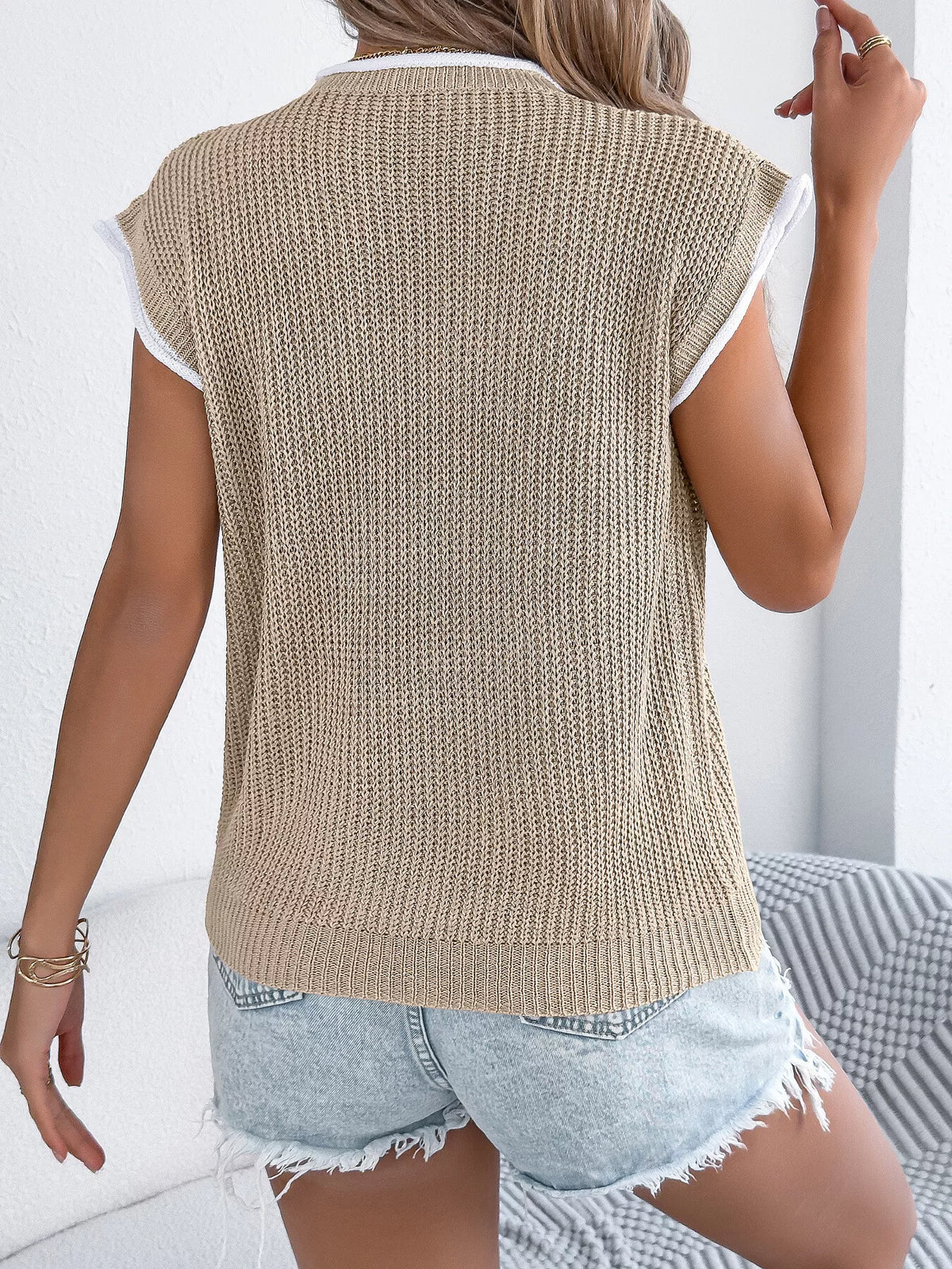Contrast Trim Round Neck Cap Sleeve Sweater, view 14
