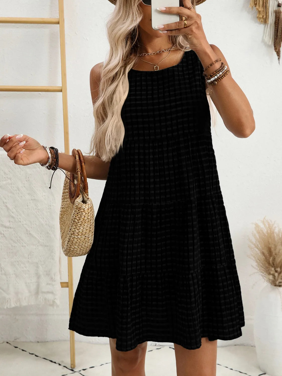 Plaid Round Neck Sleeveless Mini Dress in Light Blue view 19