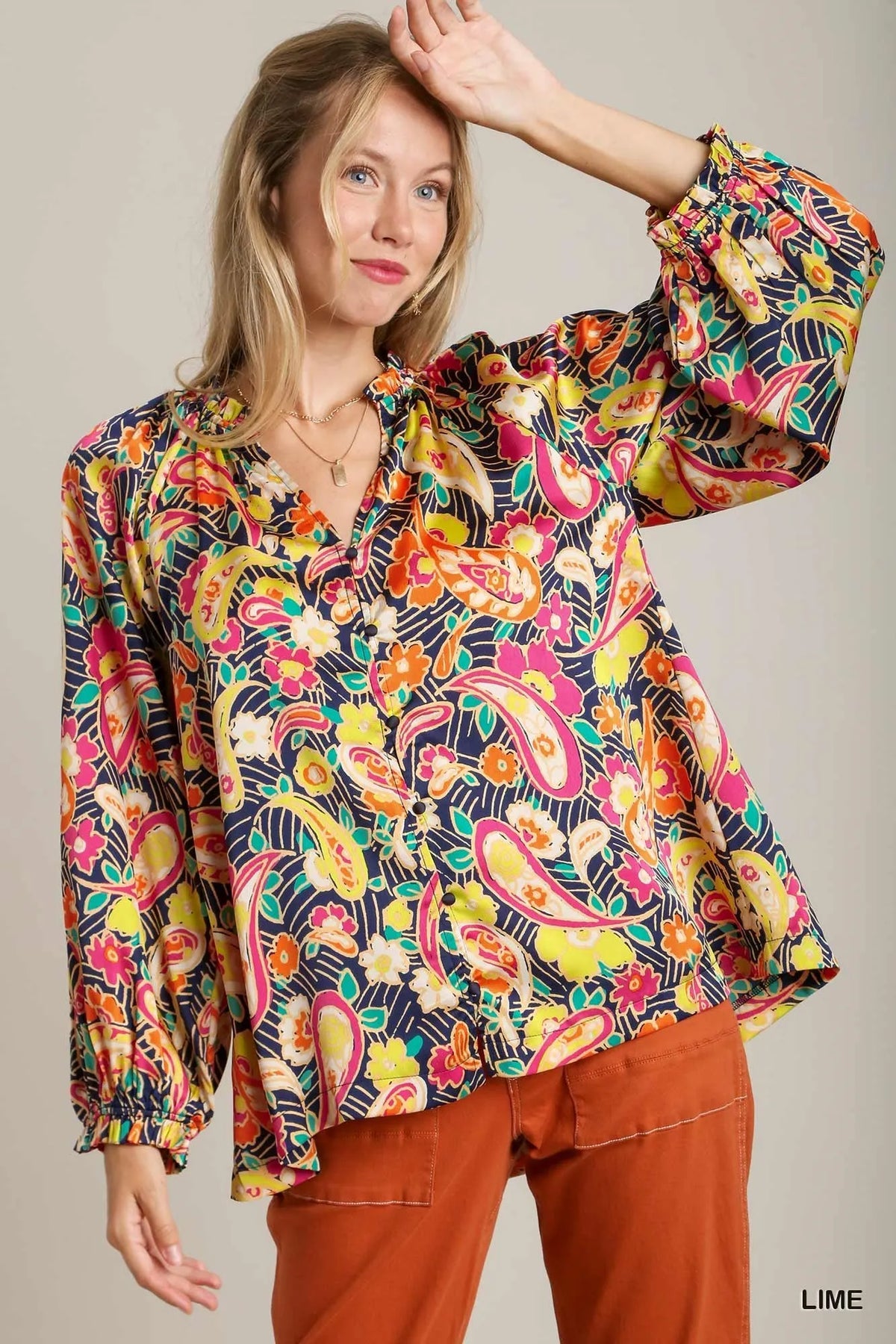 Satin paisley ruffle neck button up shirt front view